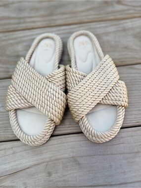 Zara Rope Crisscross Slide Sandals - Natural Beige
